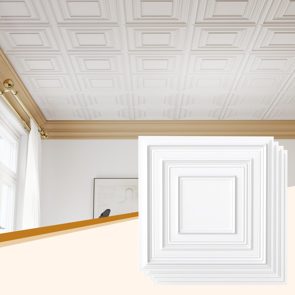 White 3D decorative drop ceiling tiles, 24" x 24", made of water-resistant PVC, ideal for modern wall and ceiling.