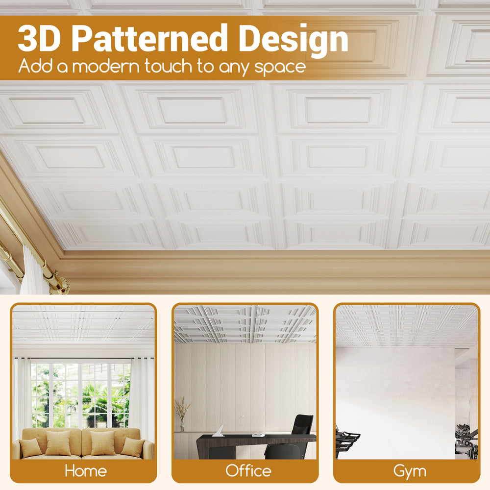3D patterned white PVC ceiling tiles, 24" x 24", ideal for modern home, office, or gym decor with easy installation.