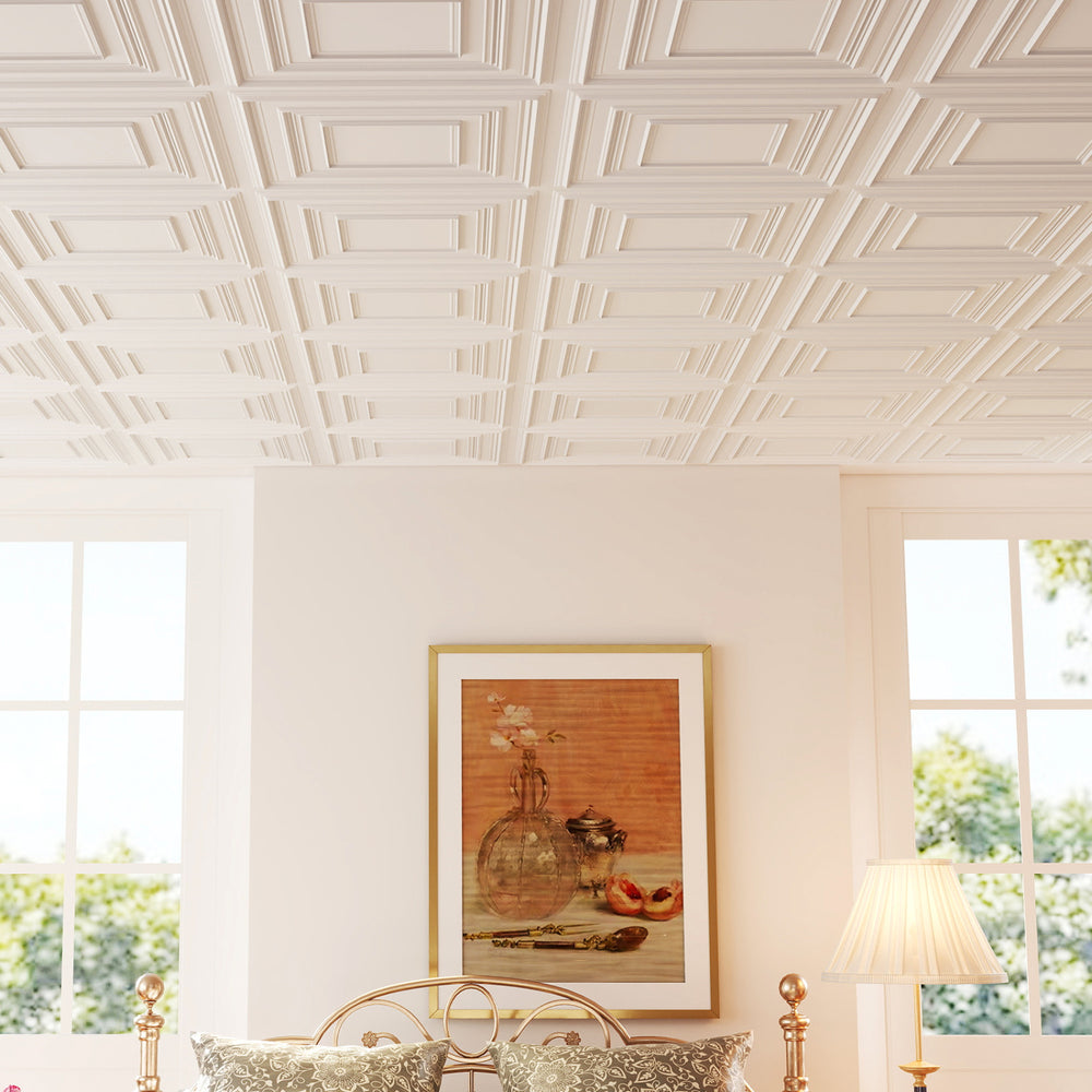 White 3D decorative drop ceiling tiles, 24" x 24", crafted from water-resistant PVC, ideal for modern interiors.