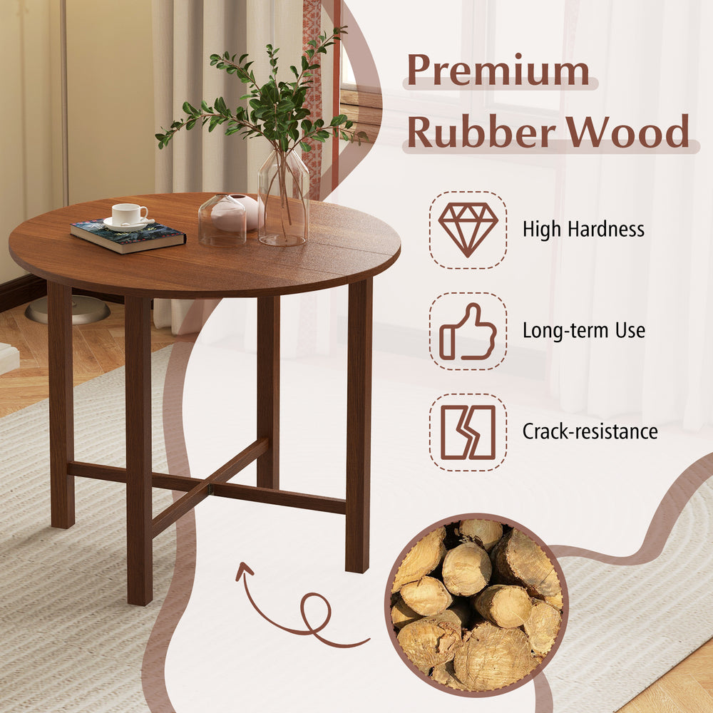 Round walnut drop leaf dining table made of premium rubber wood, perfect for small spaces and accommodating 2-4 people.
