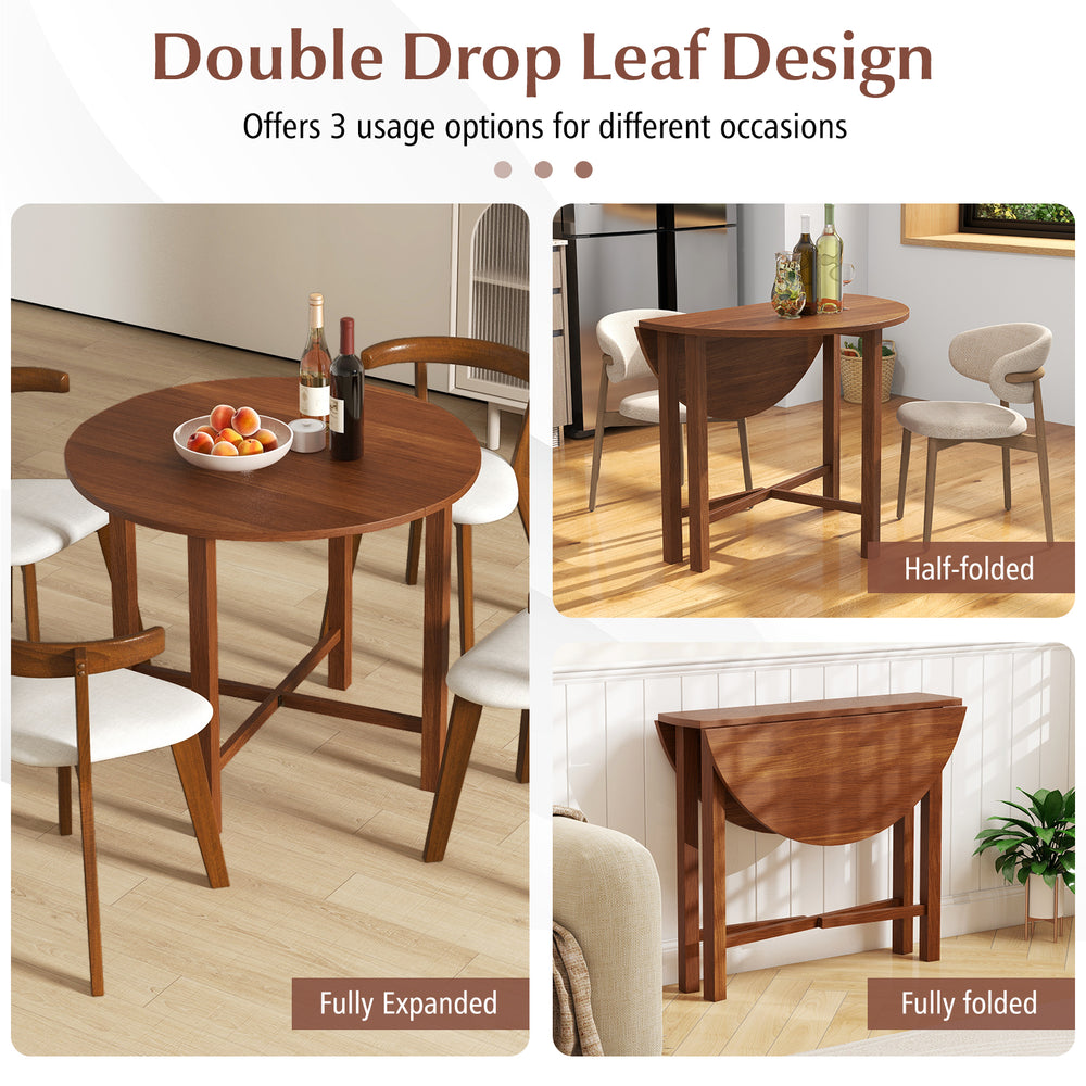 Dual drop leaf dining table in walnut finish, fully expanded, showcasing its versatile design for small spaces.