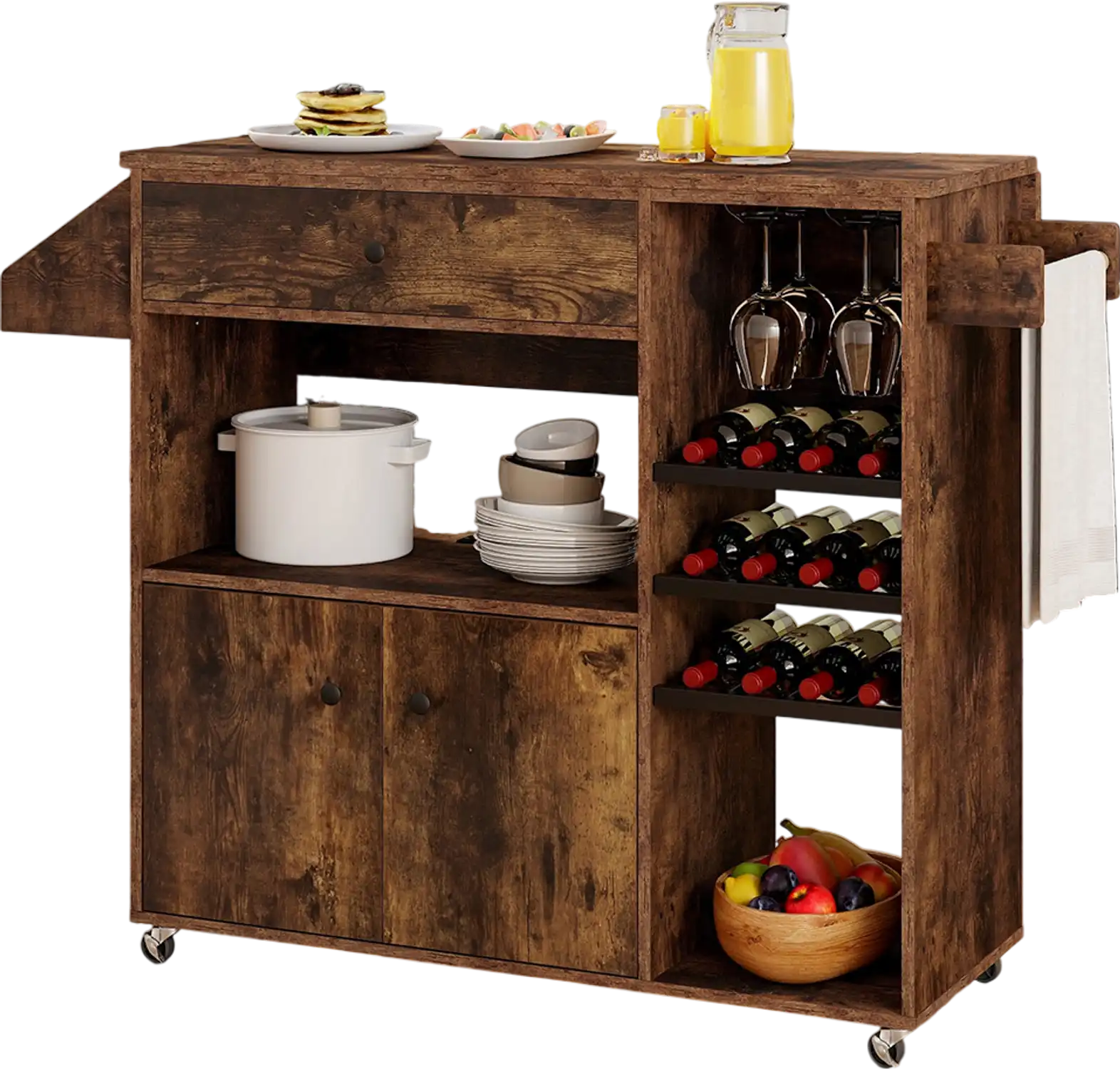 Costway Drop Leaf Mobile Kitchen Island Cart w/ Power Outlet Adjustable Shelf Rustic Brown 86417935 New