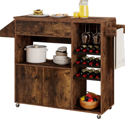 Costway Drop Leaf Mobile Kitchen Island Cart w/ Power Outlet Adjustable Shelf Rustic Brown 86417935 New