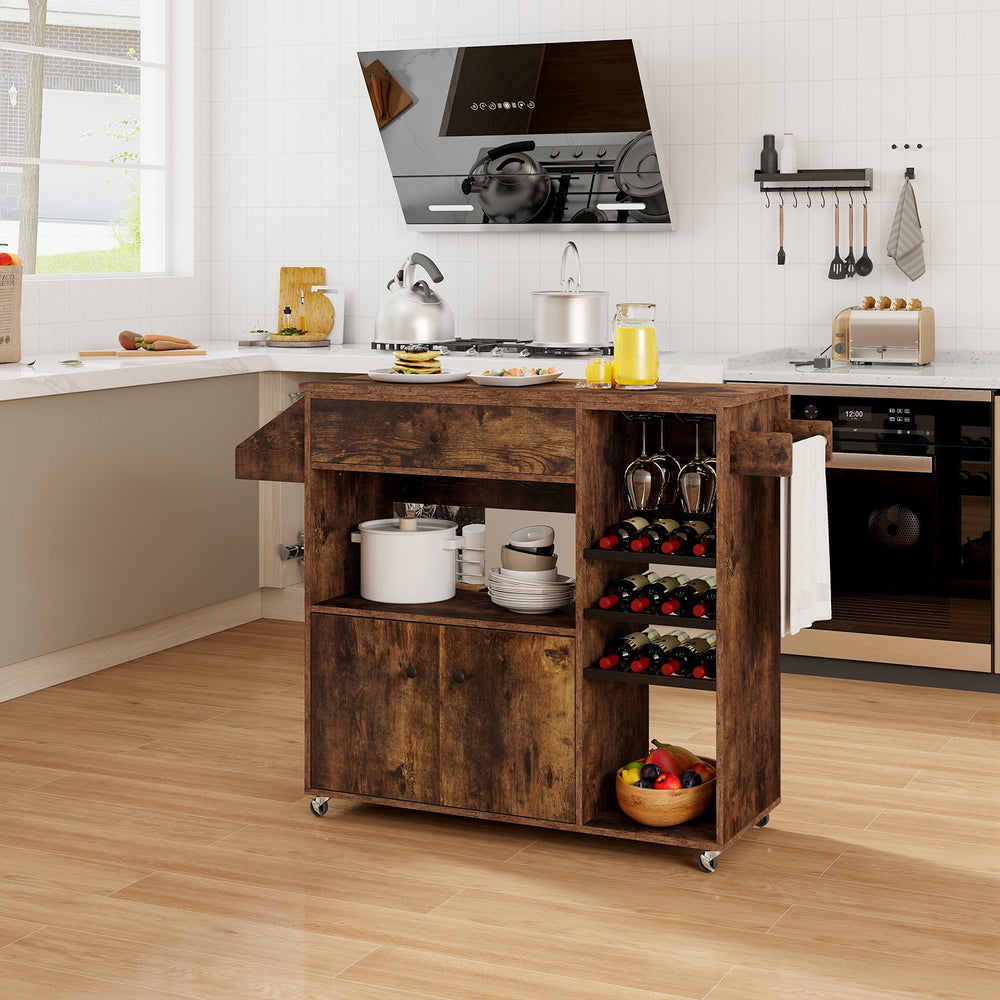 Drop Leaf Mobile Kitchen Island Cart with Power Outlet and Adjustable Shelf-Rustic Brown - Gallery View 1 of 10