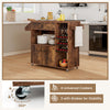Drop leaf mobile kitchen island cart in rustic brown with power outlet, adjustable shelf, and wine racks for versatile.