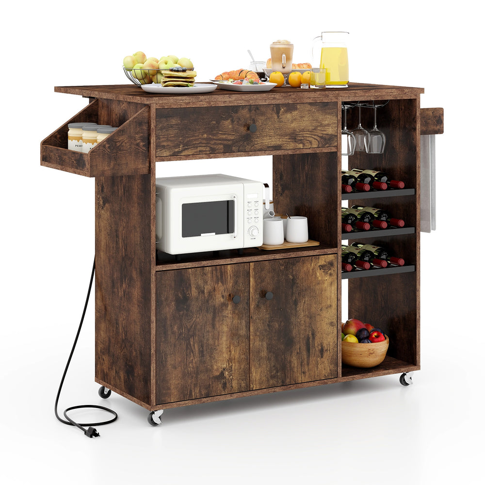 Drop leaf mobile kitchen island cart in rustic brown featuring a microwave shelf, towel rack, and convenient rolling.