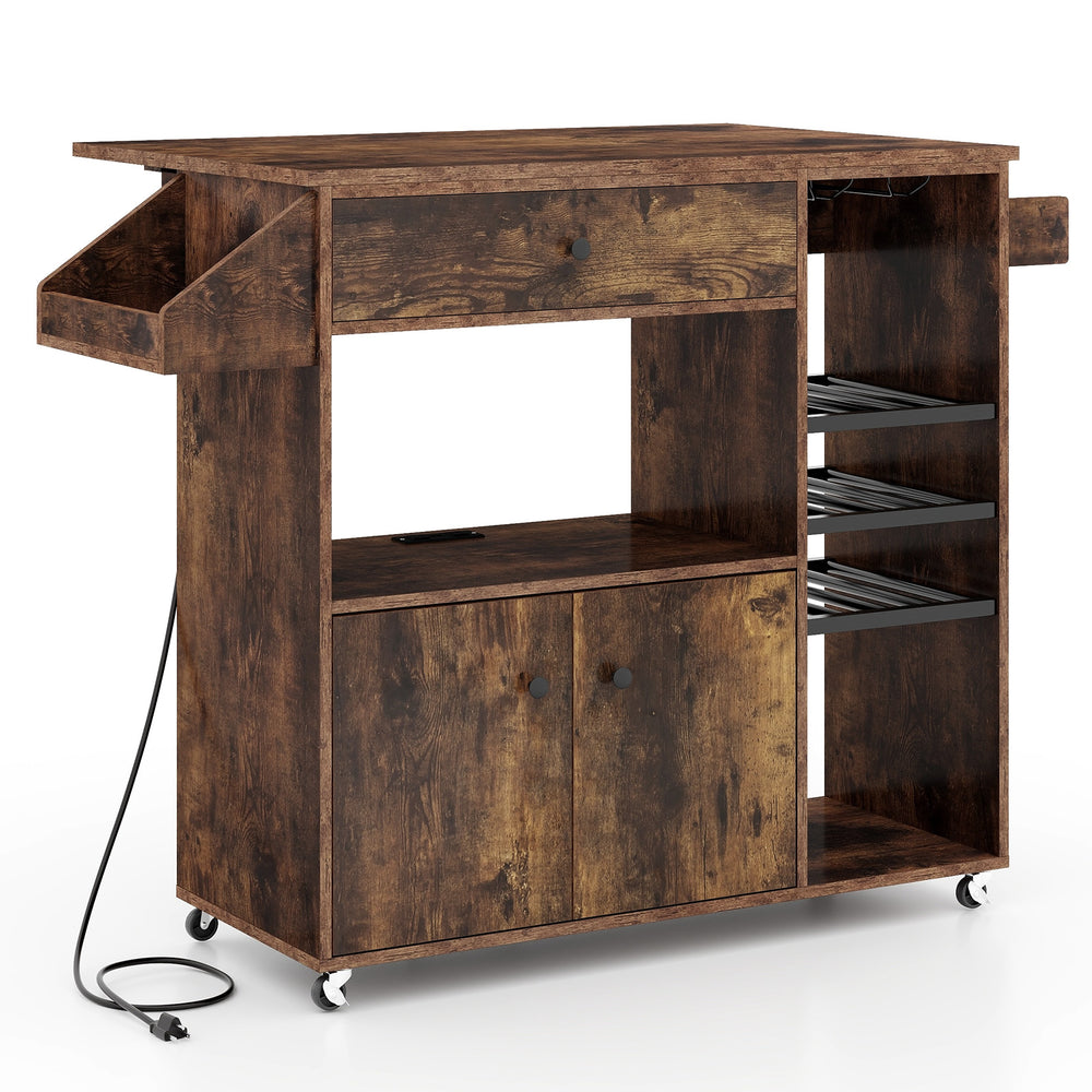 Drop leaf mobile kitchen island cart in rustic brown with power outlet, adjustable shelves, and wine racks for.