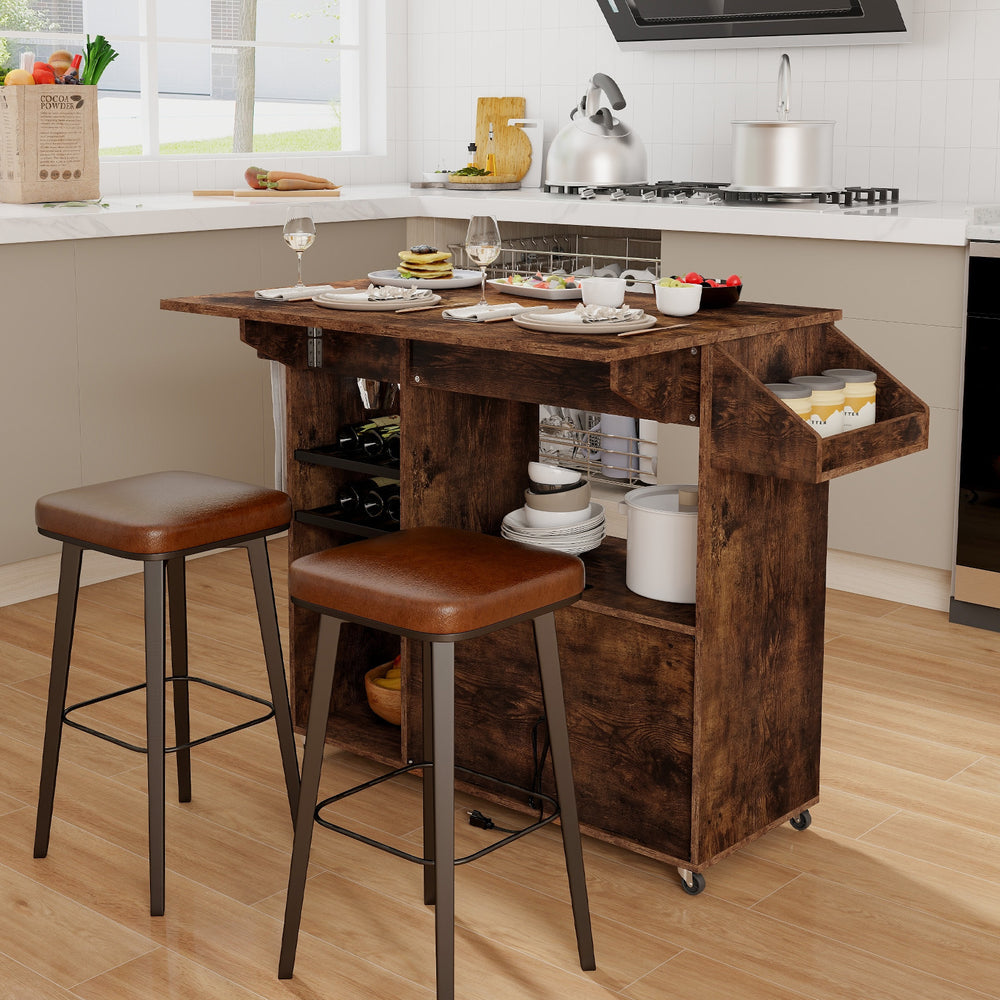 Rustic brown drop leaf mobile kitchen island cart showcasing a spacious tabletop, wine racks, and convenient towel rack.