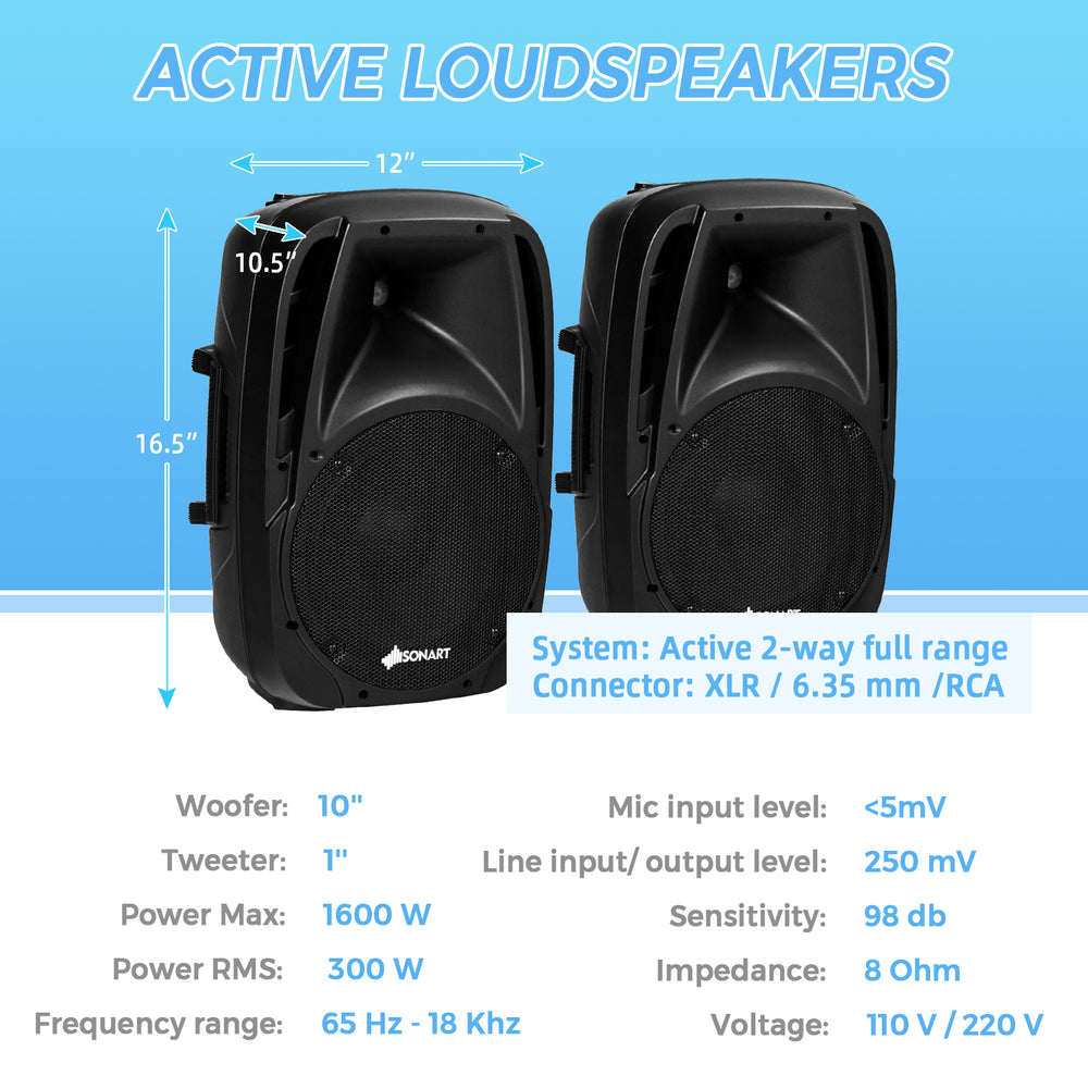 Dual 10-inch powered mic speakers with Bluetooth, featuring a clear LCD screen and multiple input options for versatile.