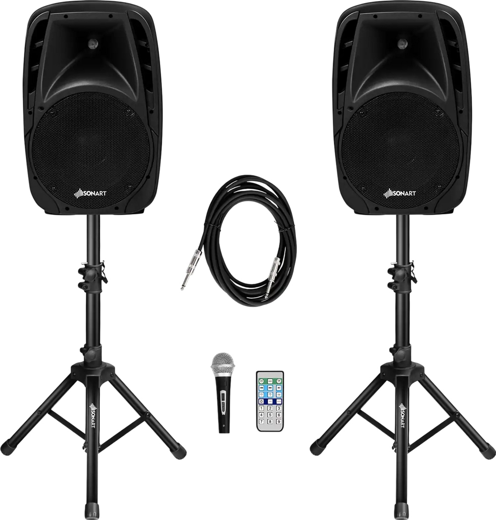 Dual 10 Inch 1600W Powered Mic Speaker Speakers with Bluetooth