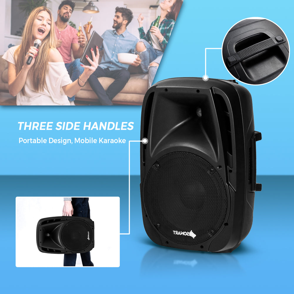 Portable dual 10-inch powered speaker with Bluetooth, featuring three side handles for easy transport and ideal for.