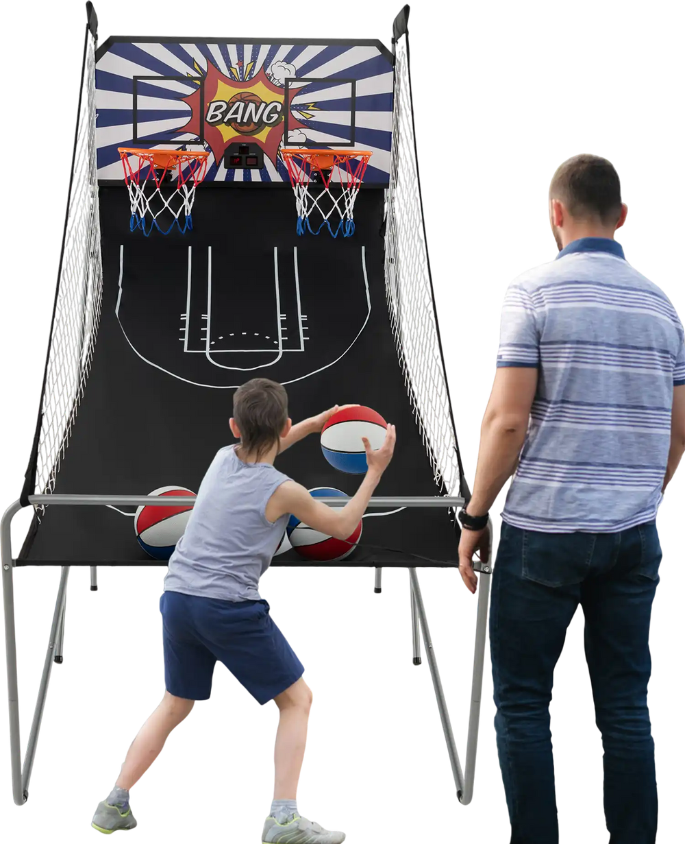 Dual Shot Basketball Arcade Game featuring 8 game modes, with two players enjoying gameplay and four basketballs.