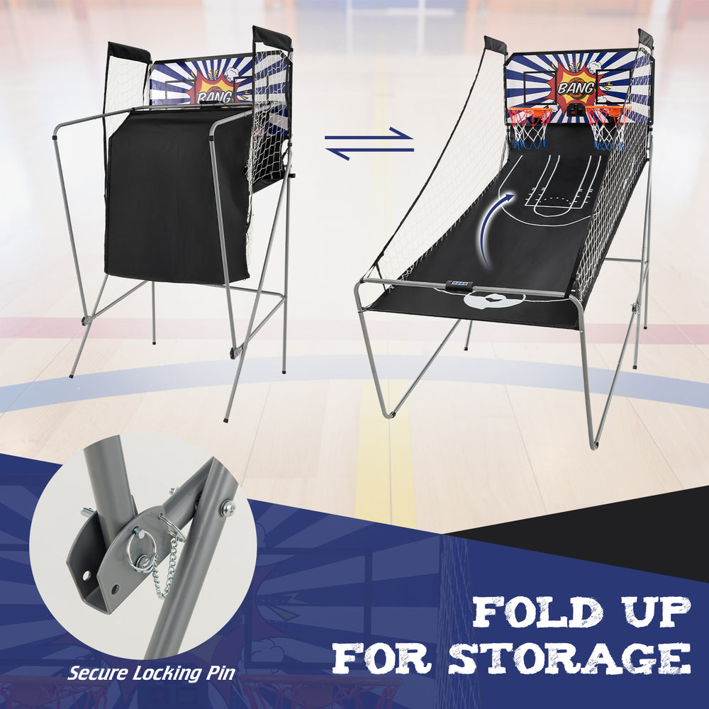 Dual Shot Basketball Arcade Game featuring a sturdy metal frame, electronic scoring, and foldable design for easy.
