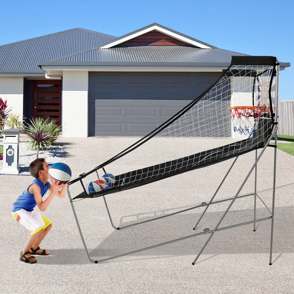 Dual Shot Basketball Arcade Game with electronic scoring, featuring a sturdy metal frame and 4 basketballs for fun play.