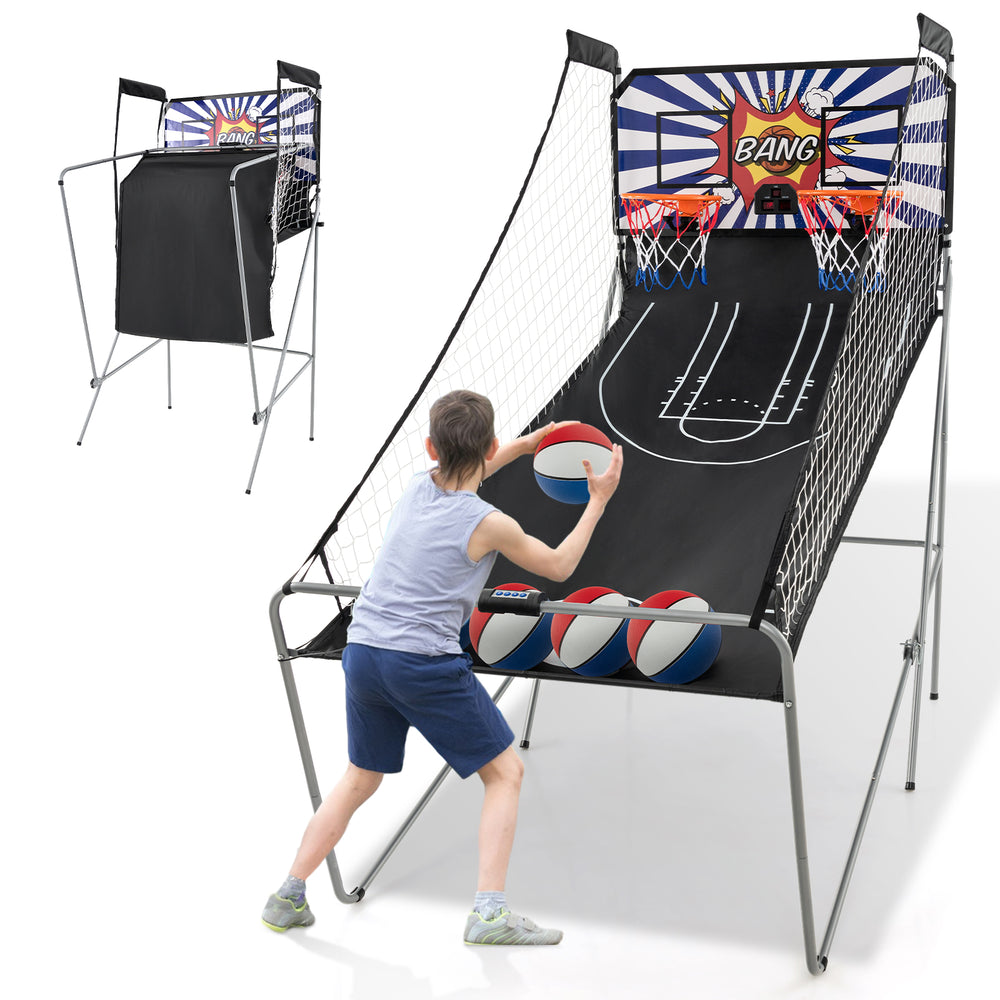 Dual Shot Basketball Arcade Game featuring a sturdy metal frame, electronic scoring, and 8 game modes for 1-4 players.