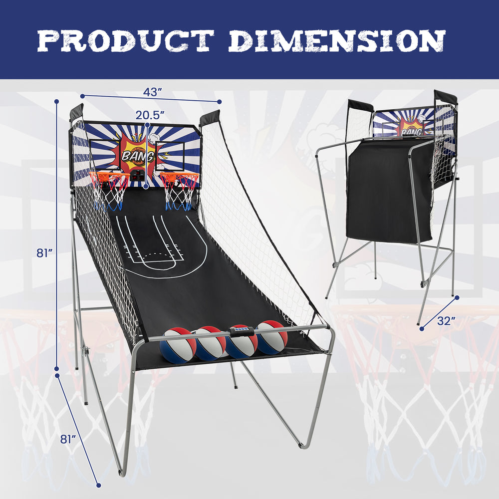 Dual Shot Basketball Arcade Game with 8 game modes, featuring a sturdy metal frame and 4 basketballs for fun play.