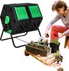 Dual chamber garden compost tumbler in black and green, featuring sliding doors for easy access to compost.