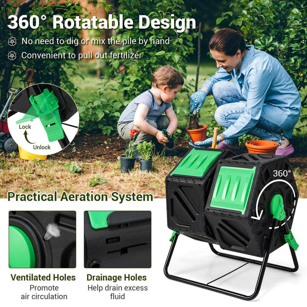 Dual chamber garden compost tumbler in black and green with 360° rotatable design for easy access and efficient.