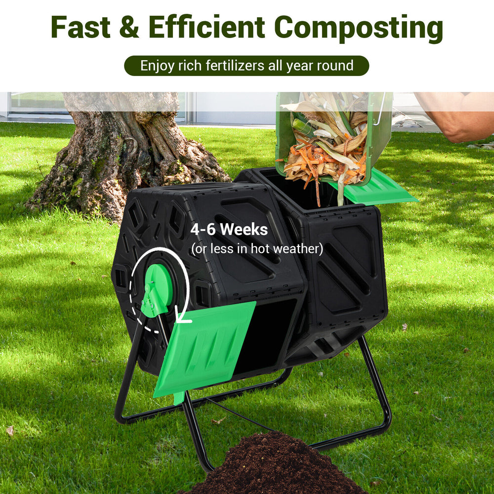 Dual chamber garden compost tumbler in black and green, featuring sliding doors for easy access and efficient.