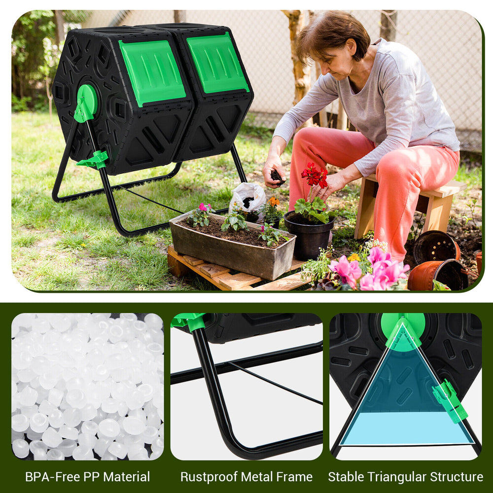 Dual chamber compost tumbler in black and green with sliding doors, made of BPA-free PP material for efficient.