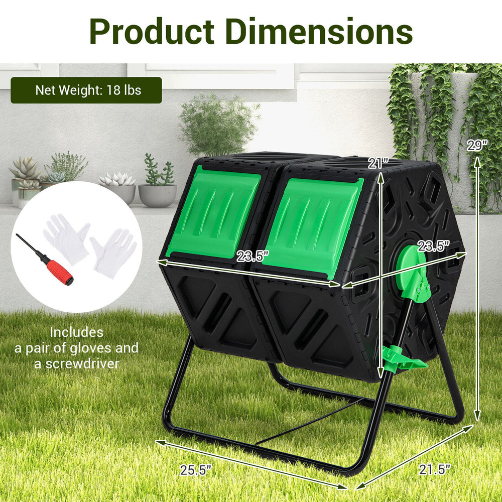 Dual chamber garden compost tumbler in black and green, featuring sliding doors and a durable metal frame for efficient.