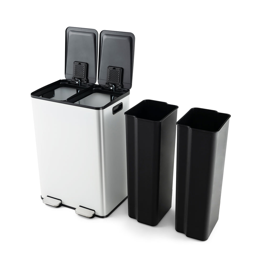 Dual compartment trash can with 2 x 8 gal capacity, stainless steel frame, designed for easy waste sorting in kitchens.