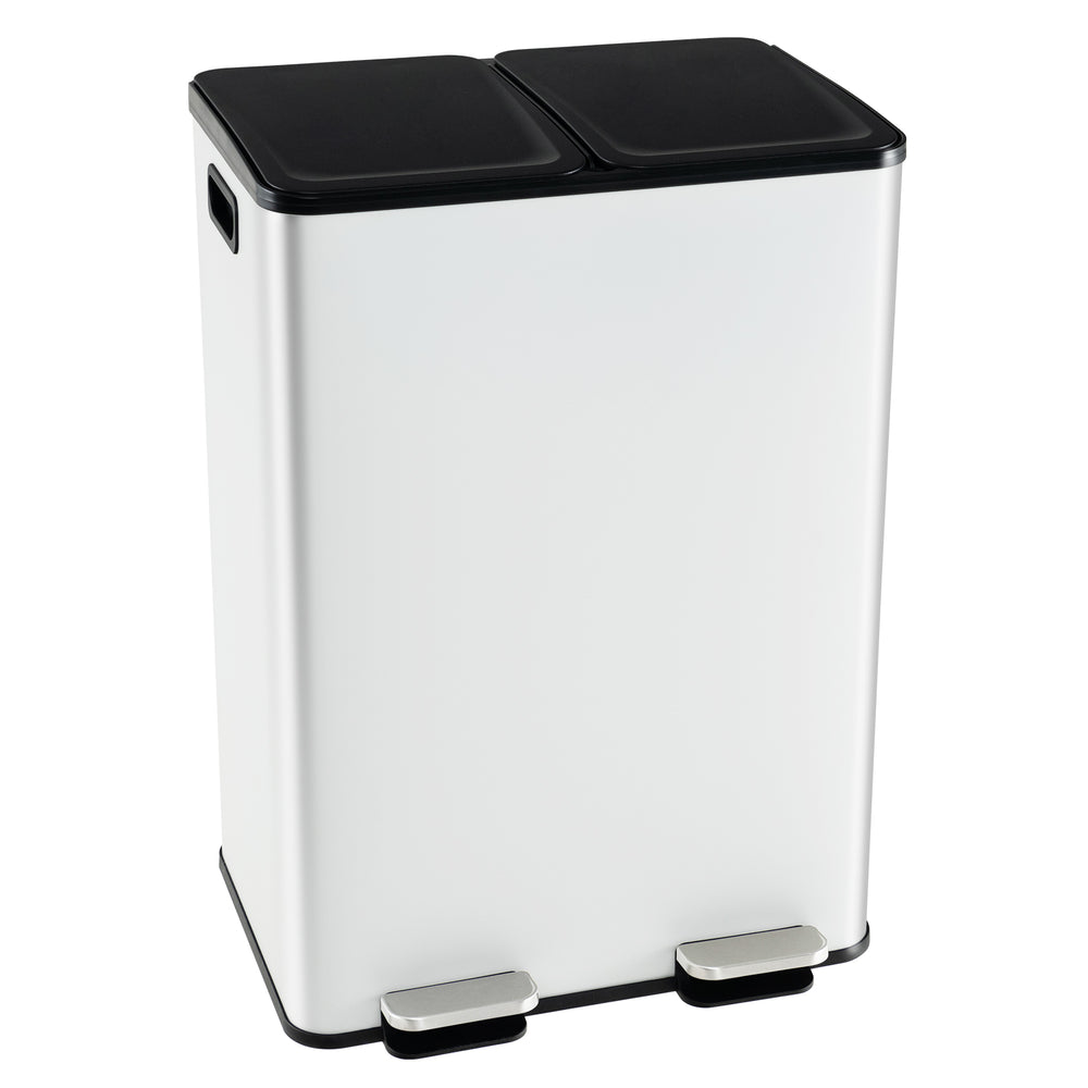 Dual compartment trash can with 8 gal capacity, featuring a robust stainless steel frame and side handles for easy.