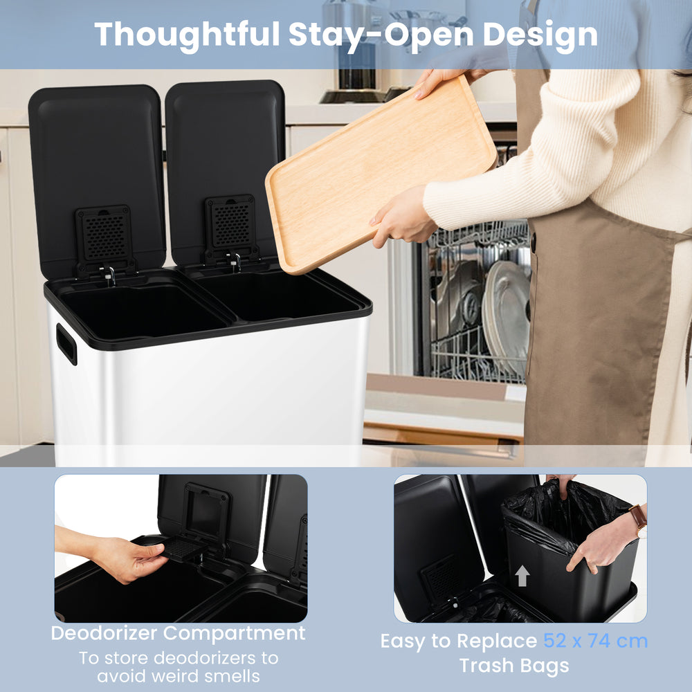 Dual compartment 8 Gal trash can in white with stainless steel frame, stay-open design, and deodorizer compartment for.
