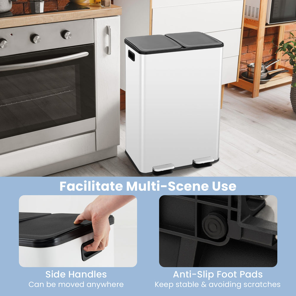 Dual compartment 8 gal trash can in white with stainless steel frame, side handles, and anti-slip foot pads for.