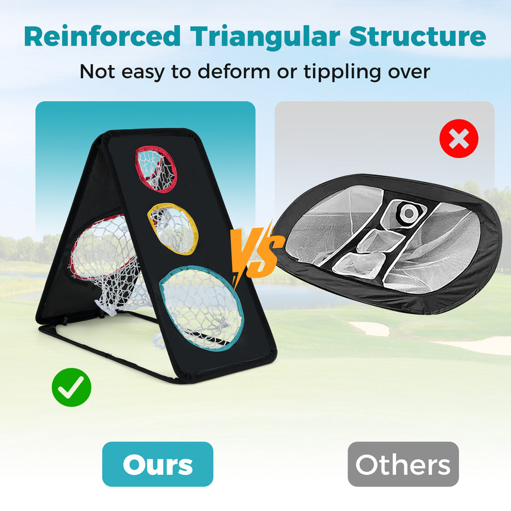 Dual-sided golf chipping net with reinforced triangular frame and 5 target holes for accurate practice indoors or.