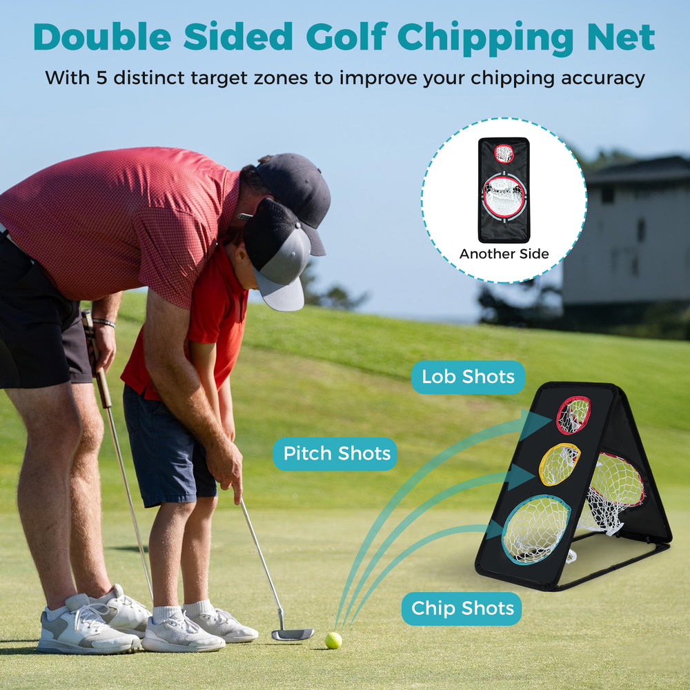 Dual-sided golf chipping net with 5 target zones, ideal for chip, pitch, and lob shots in any practice location.