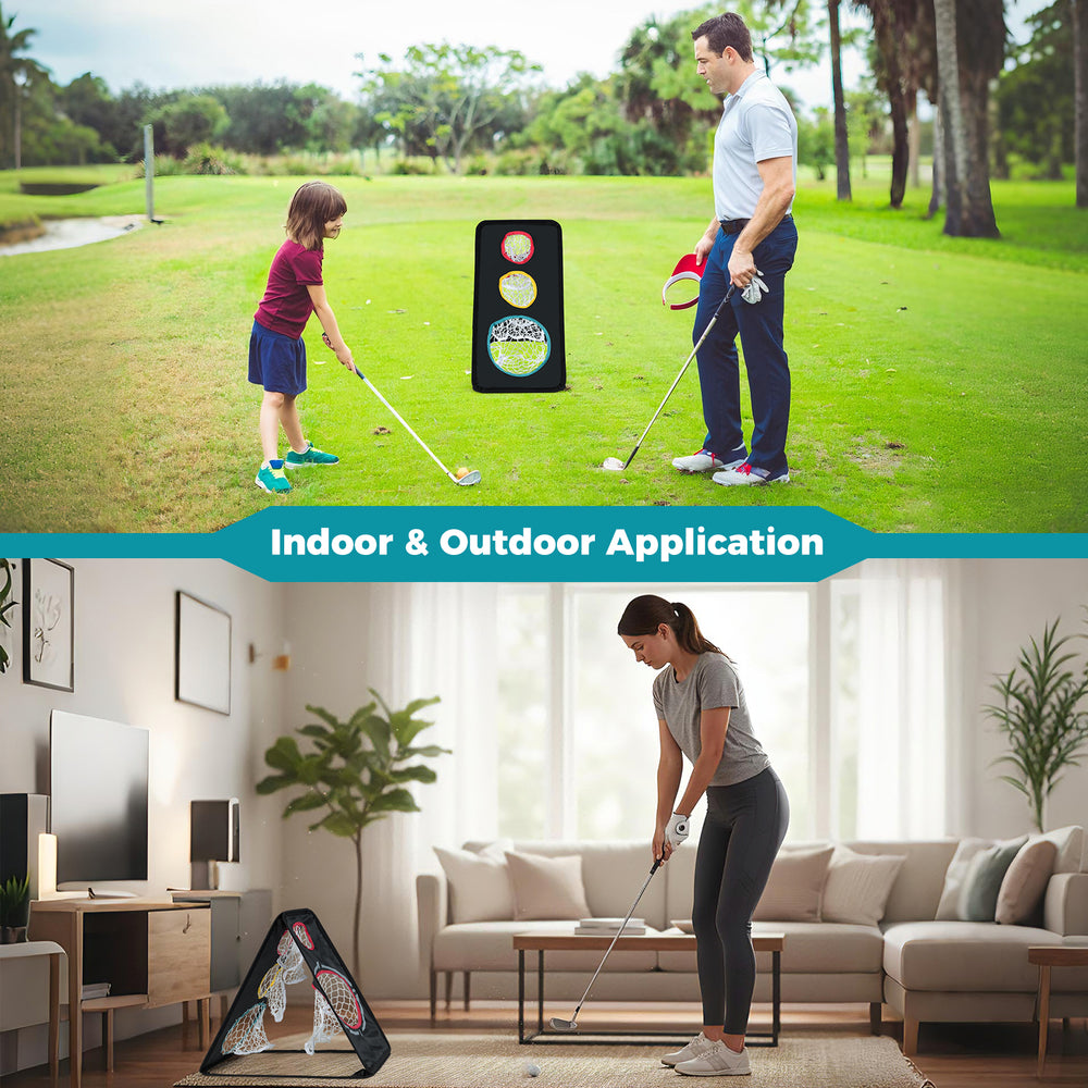 Dual-sided golf chipping net with 5 target holes, ideal for indoor and outdoor practice, featuring a reinforced frame.
