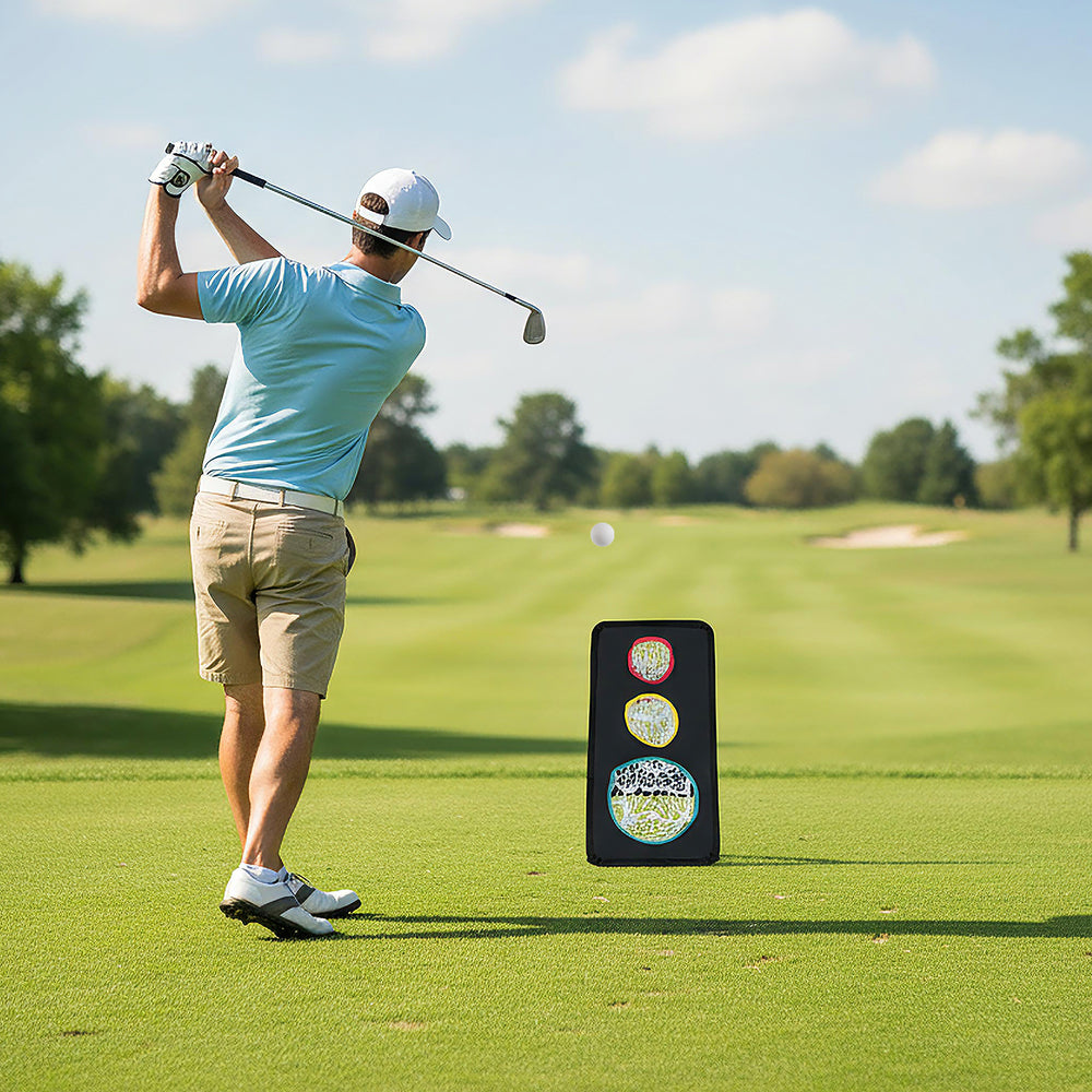 Golf chipping net with triple target holes, featuring a double-sided design for varied practice scenarios on the course.