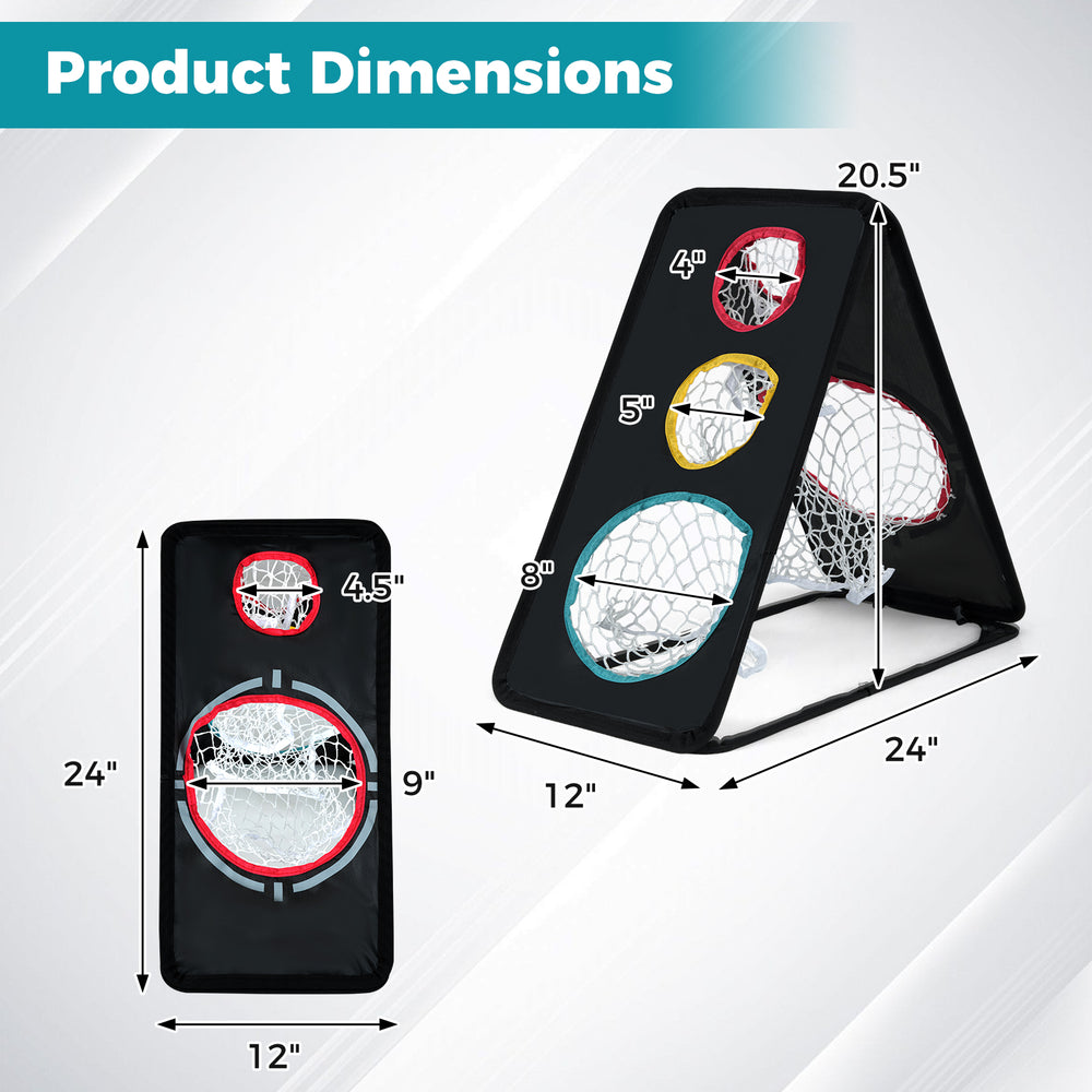 Dual-sided golf chipping net with dimensions 24" x 12" x 20.5", featuring 5 target holes for versatile training.