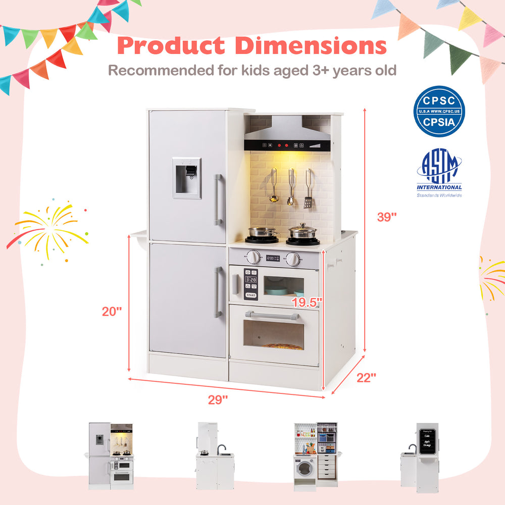 Dimensions of the dual-sided kids play kitchen in white, featuring a water dispenser and range hood for ages 3+.