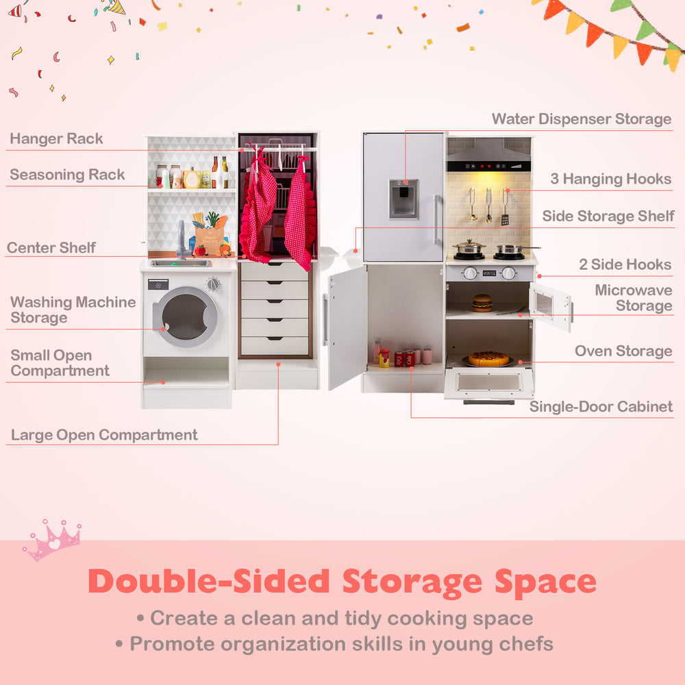 Storage area of the dual-sided kids play kitchen in white, showcasing the hanger rack and spacious open compartment for.