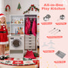 Dual-sided kids play kitchen in white with water sink, range hood, and cooking utensils for imaginative play.