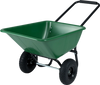 Green dual-wheel wheelbarrow with pneumatic tires, 21-gal capacity, sturdy metal frame for transporting garden.