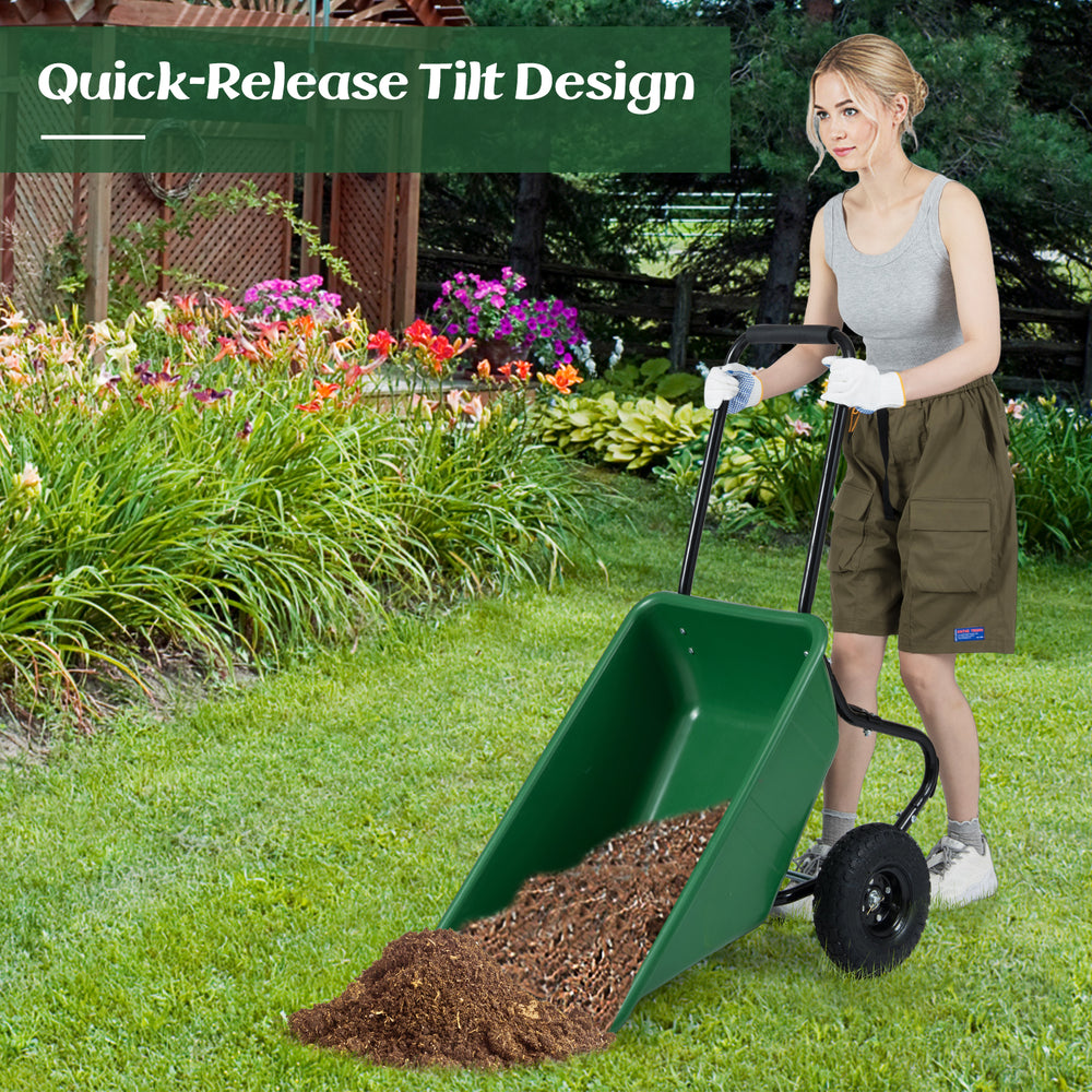 Dual-wheel garden utility cart in green with pneumatic tires, ideal for transporting mulch and gravel with a 21-gal.