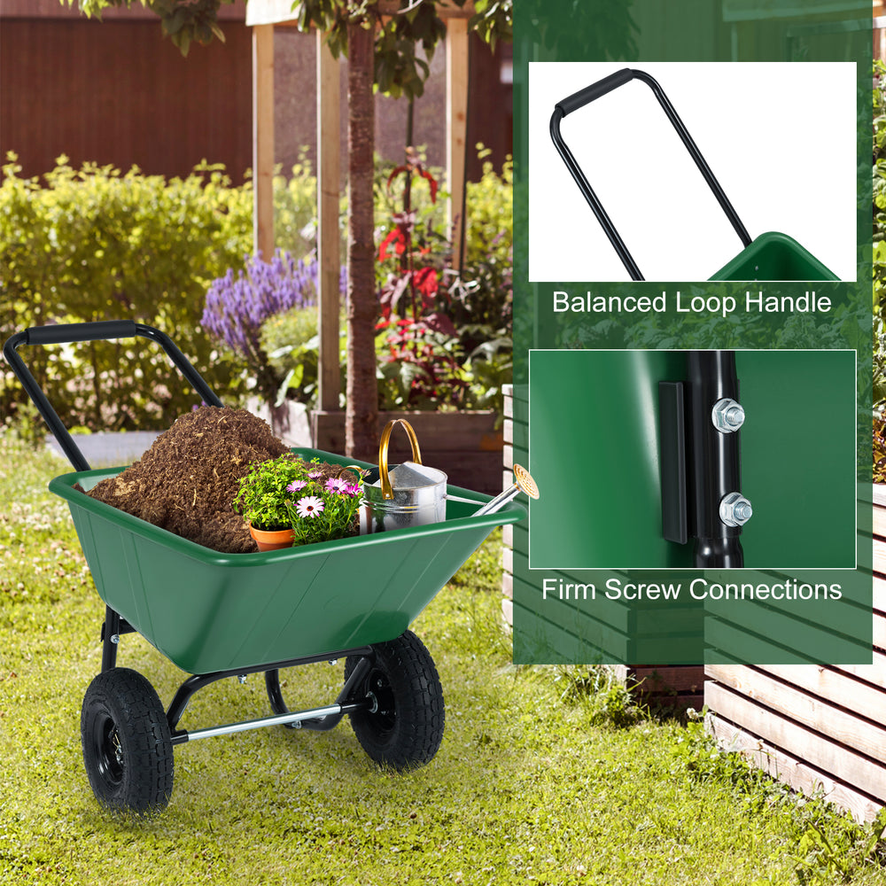 Dual-wheel garden utility cart in green with 21-gal capacity, pneumatic tires, and balanced loop handle for easy.