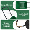 Large green wheelbarrow with a 21-gal capacity, stable triangular support, and comfortable grip for easy transport.