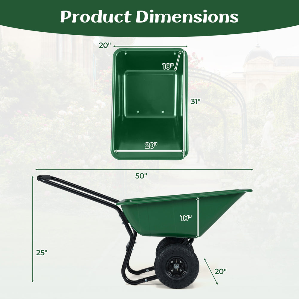 Green dual-wheel wheelbarrow with pneumatic tires, 21-gal capacity, and dimensions for easy material transport.