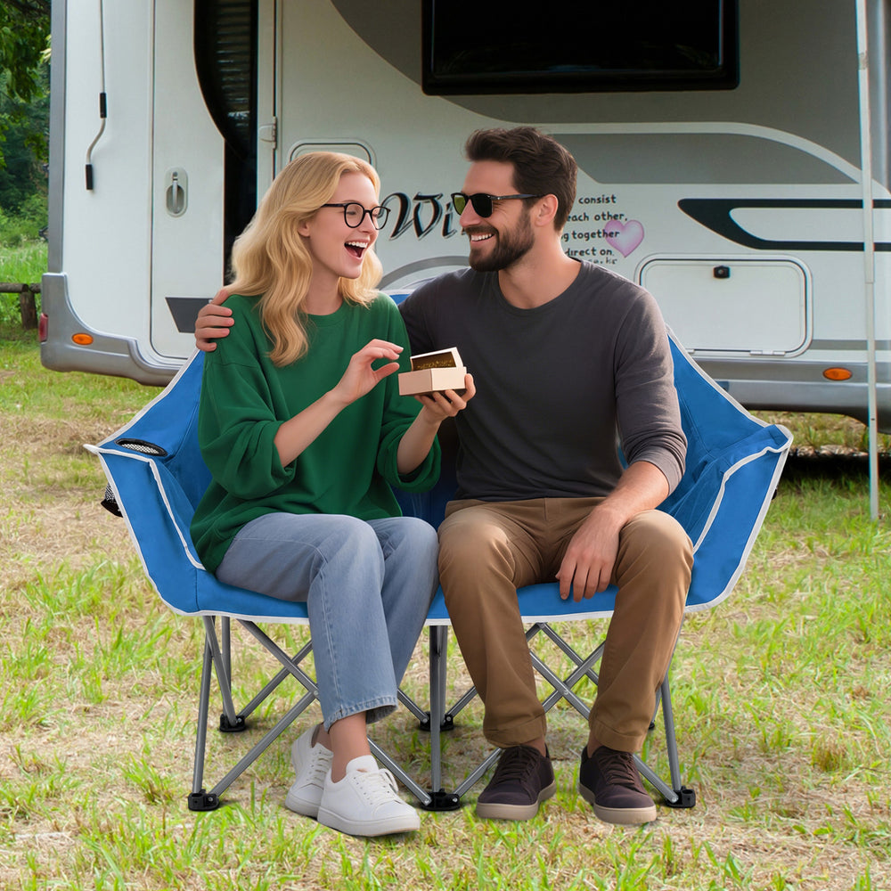 Duo Camping Chair Portable Oversized Loveseat with Armrests and Cup Holders-Blue - Gallery View 1 of 10