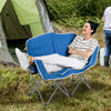 Duo camping chair in blue with armrests and cup holders, perfect for lakeside or camping relaxation.