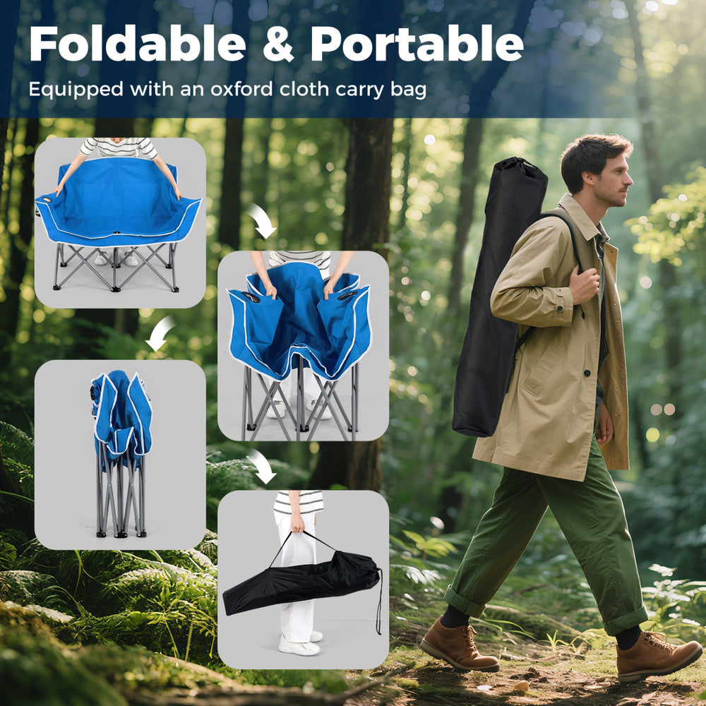 Portable oversized loveseat camping chair in blue with armrests and cup holders, perfect for outdoor relaxation.