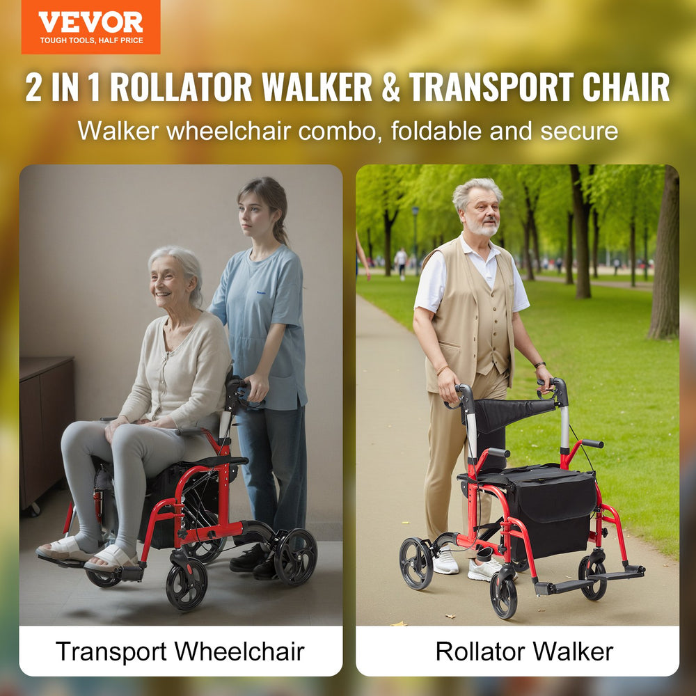 Vevor 2 in 1 Rollator Walker and Wheelchair Folding 300 Lbs Capacity with Adjustable Handle and All Terrain Wheels New