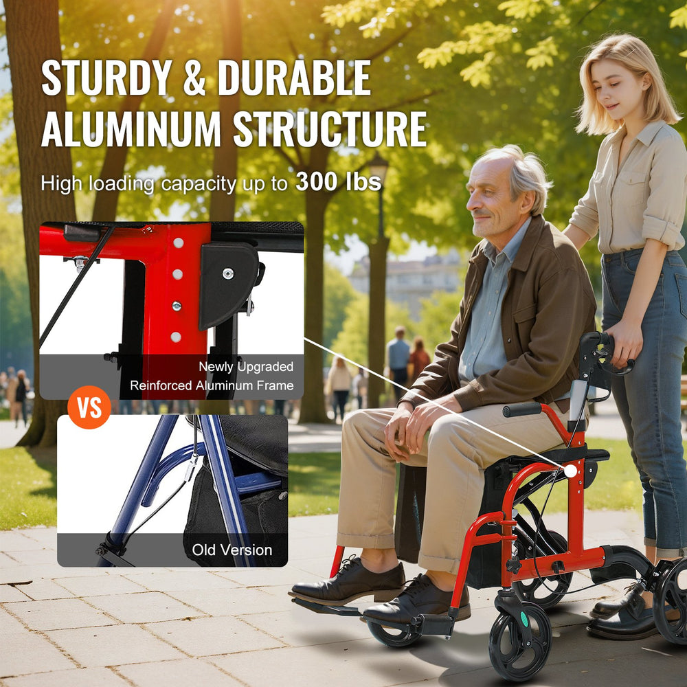 Vevor 2 in 1 Rollator Walker and Wheelchair Folding 300 Lbs Capacity with Adjustable Handle and All Terrain Wheels New