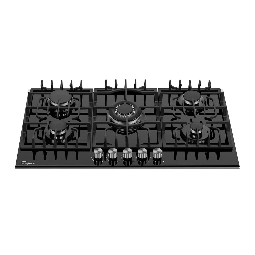 Empava Gas Cooktop 30" Built-In with 5 Italy SABAF Burners NG/LP Convertible Black Tempered Glass New