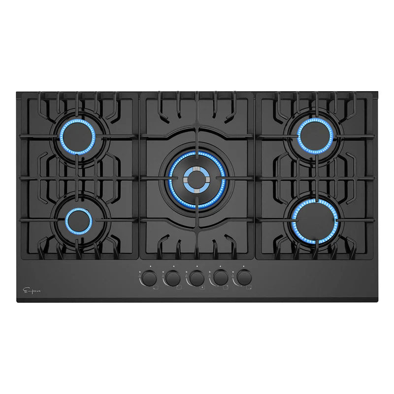 Empava Gas Cooktop 36" Built-In with 5 Italy SABAF Burners NG/LP Convertible Black Tempered Glass New