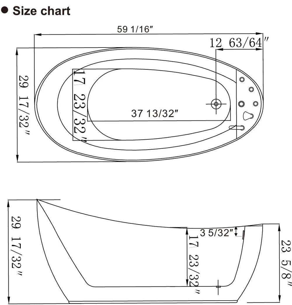 Empava Bathtub 59" Freestanding Whirlpool Acrylic with Reversible Drain Oval New